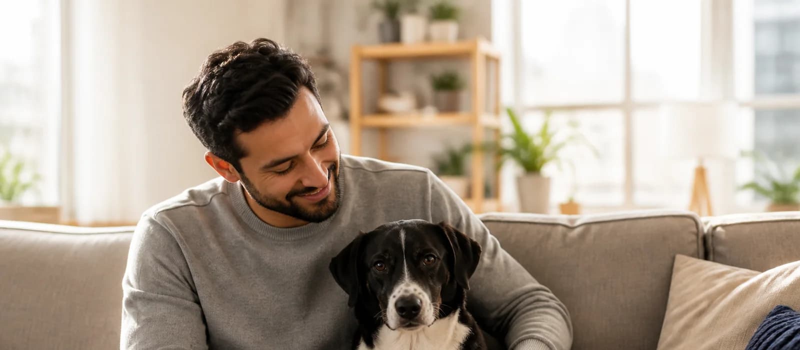 A man sitting with his dog in a bright apartment living room
