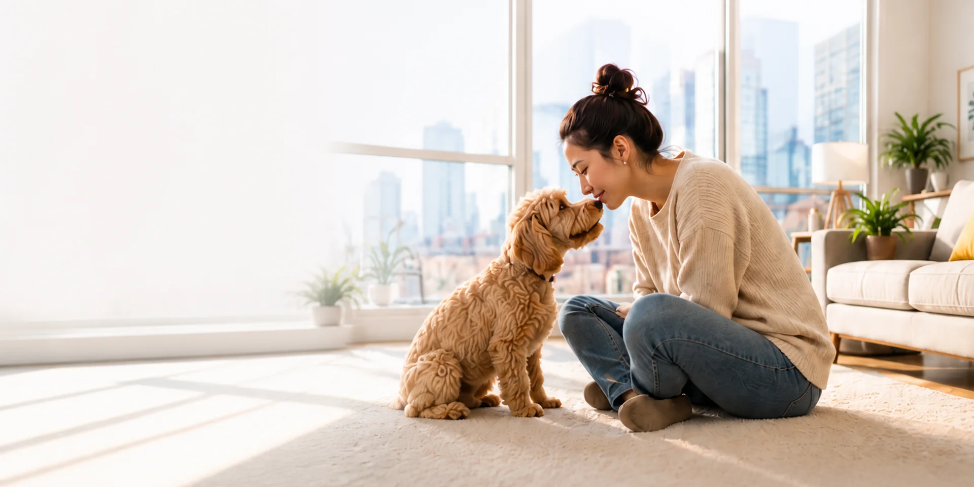 A woman sharing a calm moment with her dog beside a city apartment window